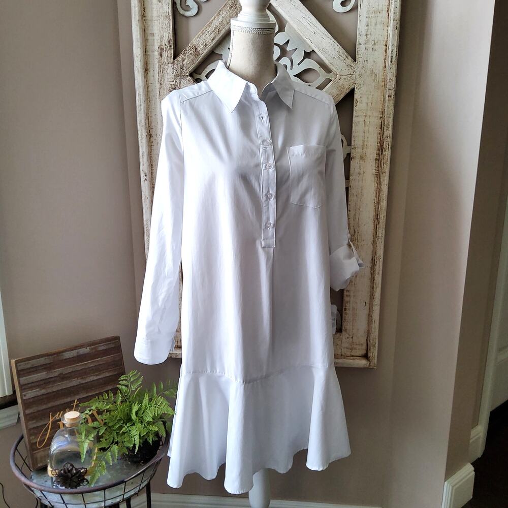 Emily Daniels White Poplin Ruffle Hem Shirt Dress Small Coastal Minimalist